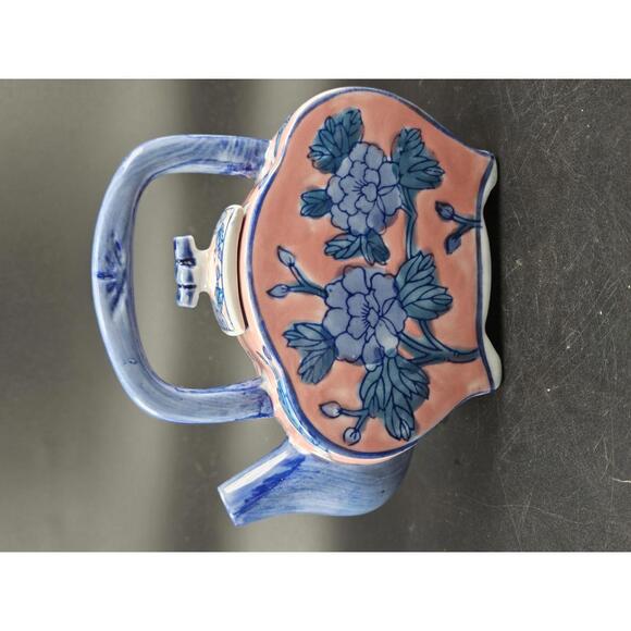 Ben Rickert Chinoiserie Teapot Blue Pink Floral Ceramic Asian Decor 5 In Tall - Picture 2 of 9